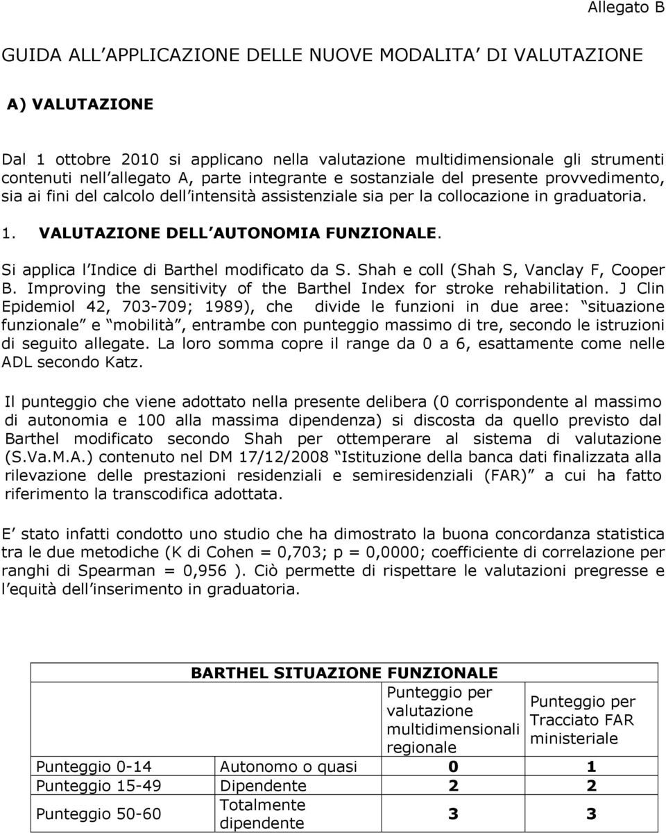 Si applica l Indice di Barthel modificato da S. Shah e coll (Shah S, Vanclay F, Cooper B. Improving the sensitivity of the Barthel Index for stroke rehabilitation.