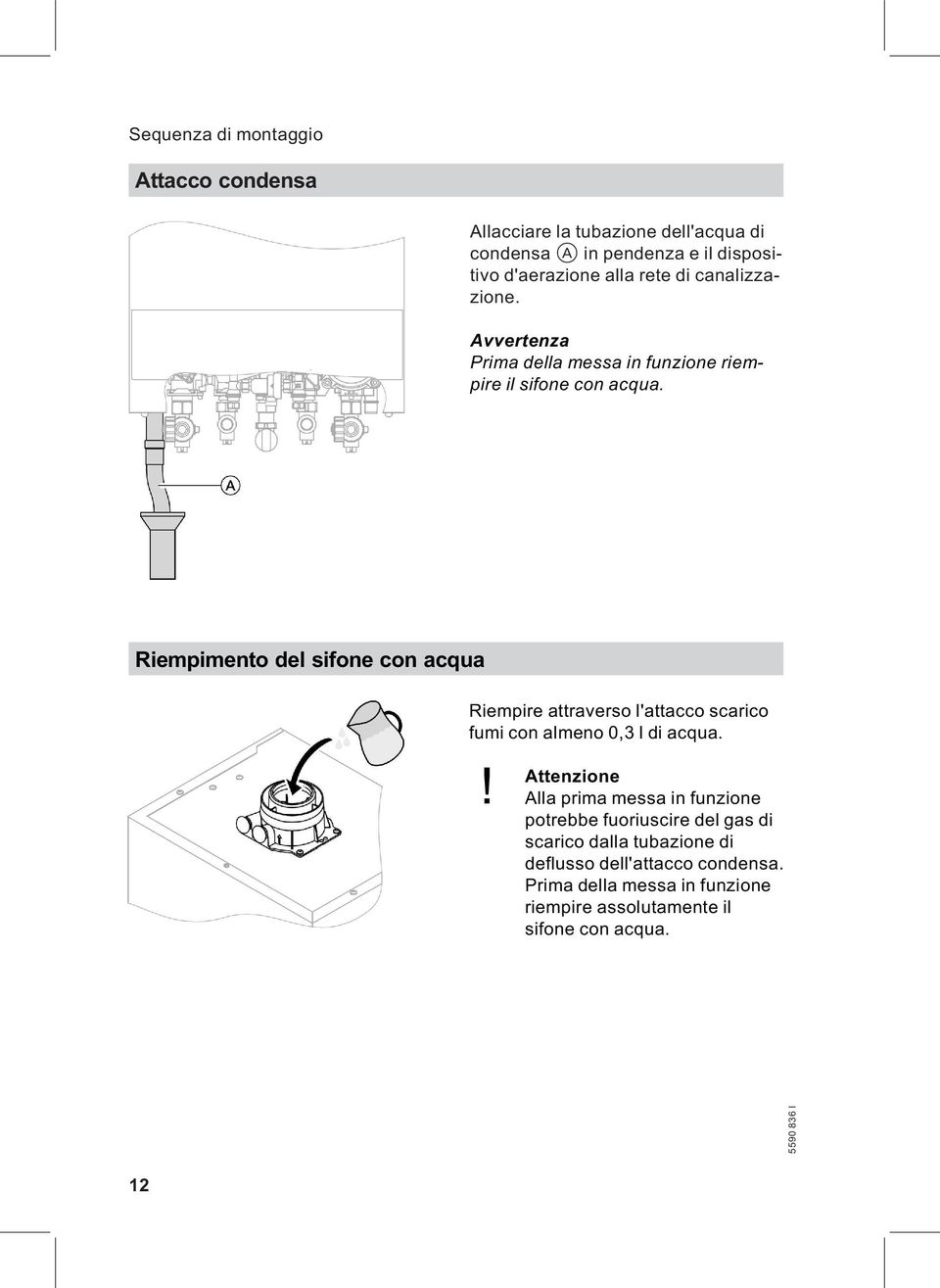 Riempimento del sifone con acqua Riempire attraverso l'attacco scarico fumi con almeno 0,3 l di acqua.