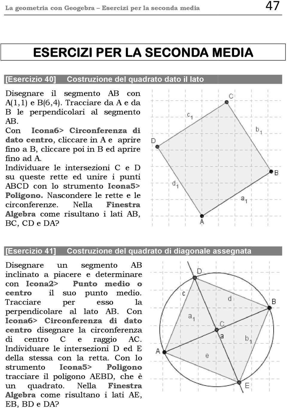 Individuare le intersezioni C e D su queste rette ed unire i punti ABCD con lo strumento Icona5> Poligono. Nascondere le rette e le circonferenze.