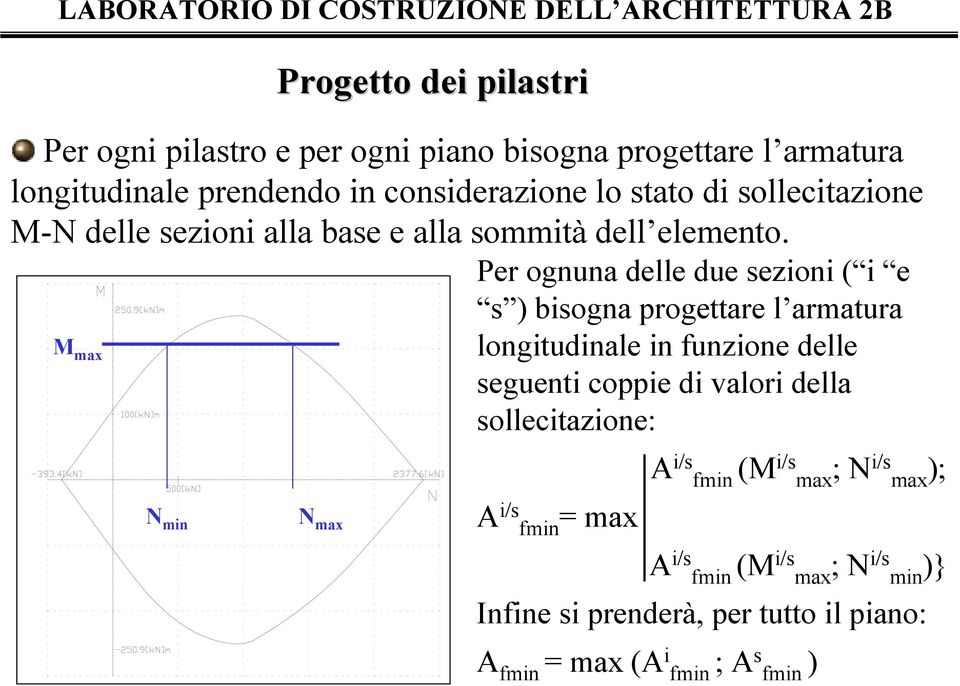 Per ognuna delle due sezioni ( i e s ) bisogna progettare l armatura M max longitudinale in funzione delle seguenti coppie di valori