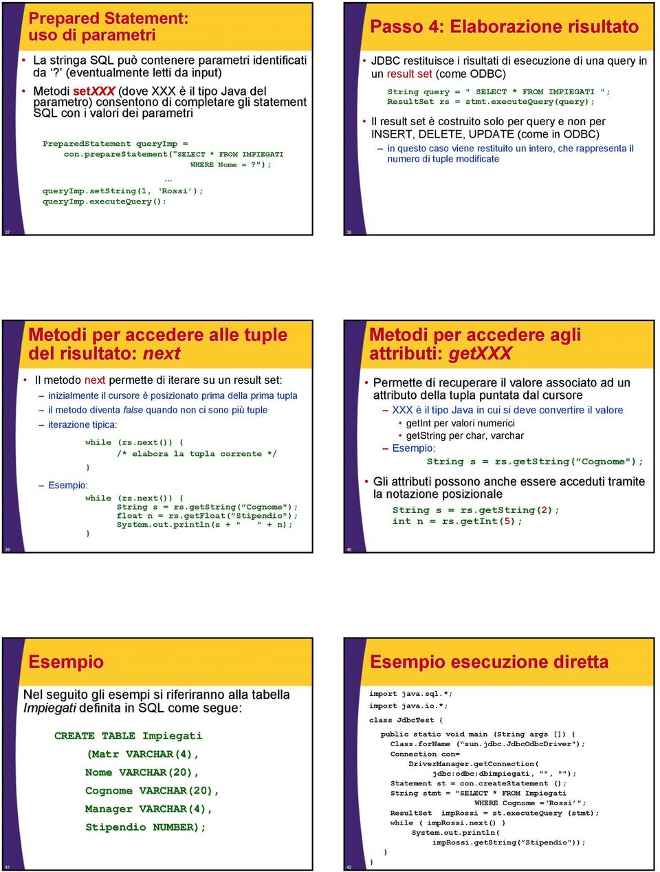 preparestatement("select * FROM IMPIEGATI WHERE Nome =?"); queryimp.setstring(1, Rossi ); queryimp.