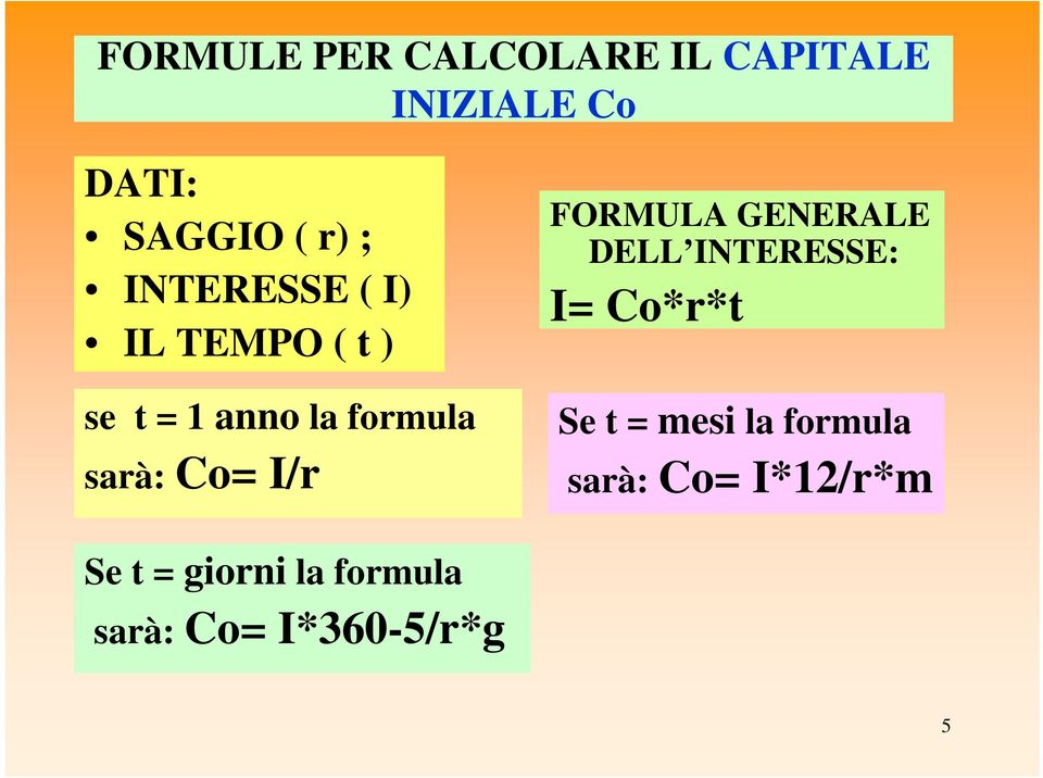 I/r FORMULA GENERALE DELL INTERESSE: I= Co*r*t Se t = mesi la