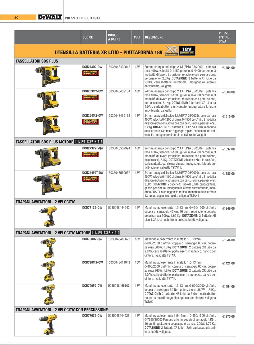 1J (EPTA 05/2009), potenza resa 400W, velocità 0-1150 giri/min, 0-4400 perc/min, 3 modalità di lavoro (rotazione, rotazione con percussione, percussione), 2.8Kg. DOTAZIONE: 2 batterie XR Litio da 2.