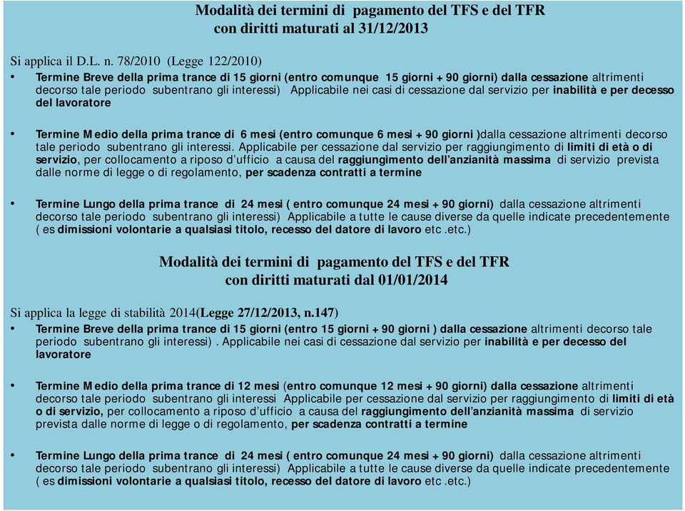 nei casi di cessazione dal servizio per inabilità e per decesso del lavoratore Termine Medio della prima trance di 6 mesi (entro comunque 6 mesi + 90 giorni )dalla cessazione altrimenti decorso tale