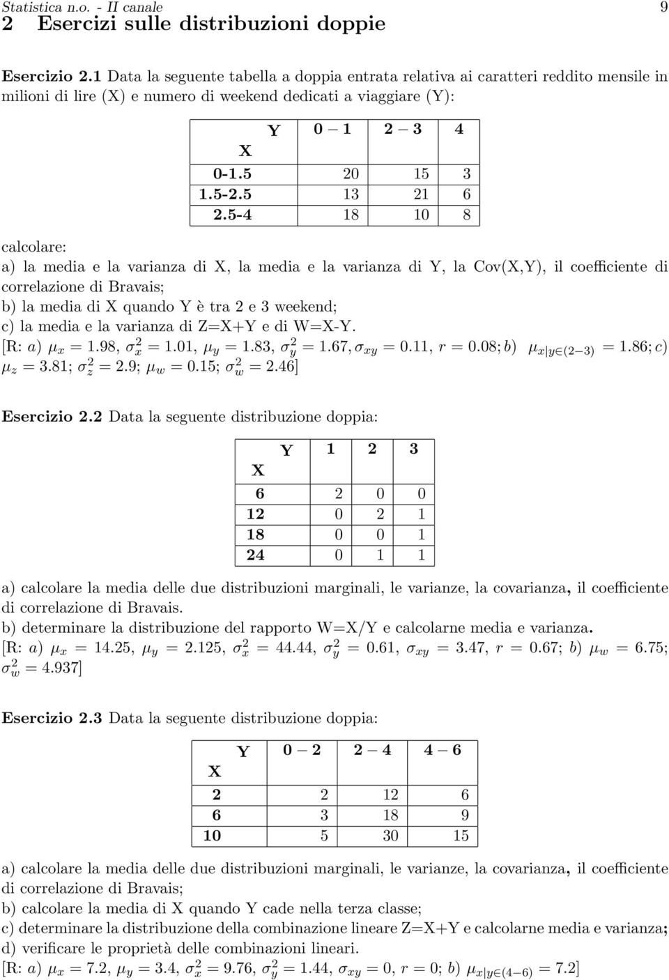 5-4 18 10 8 calcolare: a) la media e la varianza di, la media e la varianza di Y, la Cov(,Y), il coefficiente di correlazione di Bravais; b) la media di quando Y è tra 2 e 3 weekend; c) la media e la