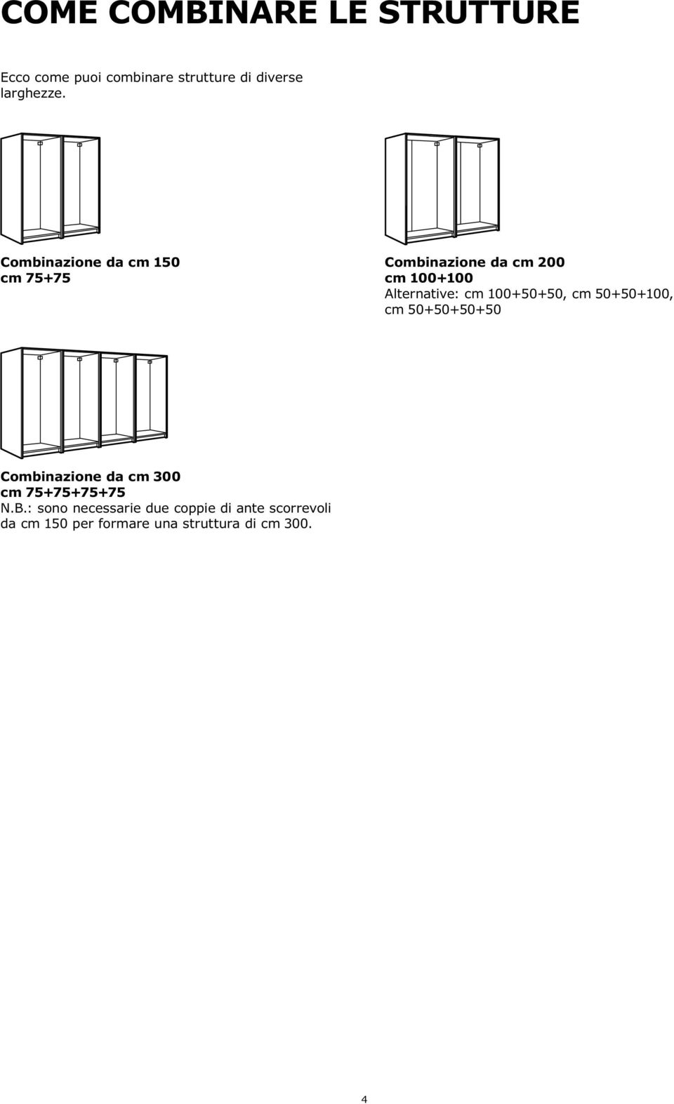 100+50+50, cm 50+50+100, cm 50+50+50+50 Combinazione da cm 300 cm 75+75+75+75 N.B.