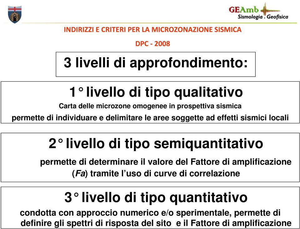 semiquantitativo permette di determinare il valore del Fattore di amplificazione (Fa) tramite l uso di curve di correlazione 3 livello di