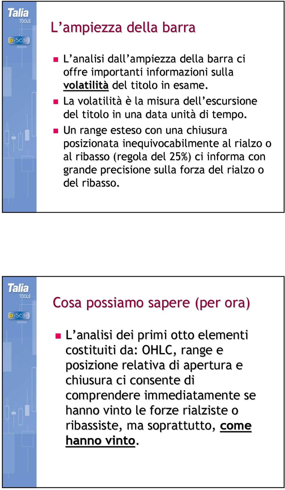 Un range esteso con una chiusura posizionata inequivocabilmente al rialzo o al ribasso (regola del 25%) ci informa con grande precisione sulla forza del rialzo o