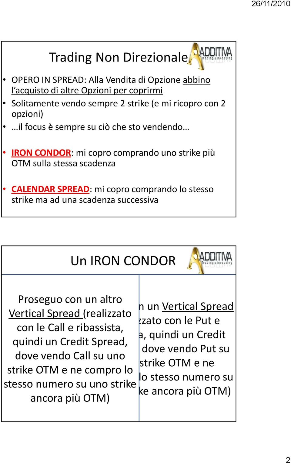 Proseguo con un altro Inizio con un Vertical Spread Vertical Spread (realizzato (realizzato con le Put e con le Call e ribassista, Affianco 2 CREDIT rialzista, quindi un Credit quindi un Credit