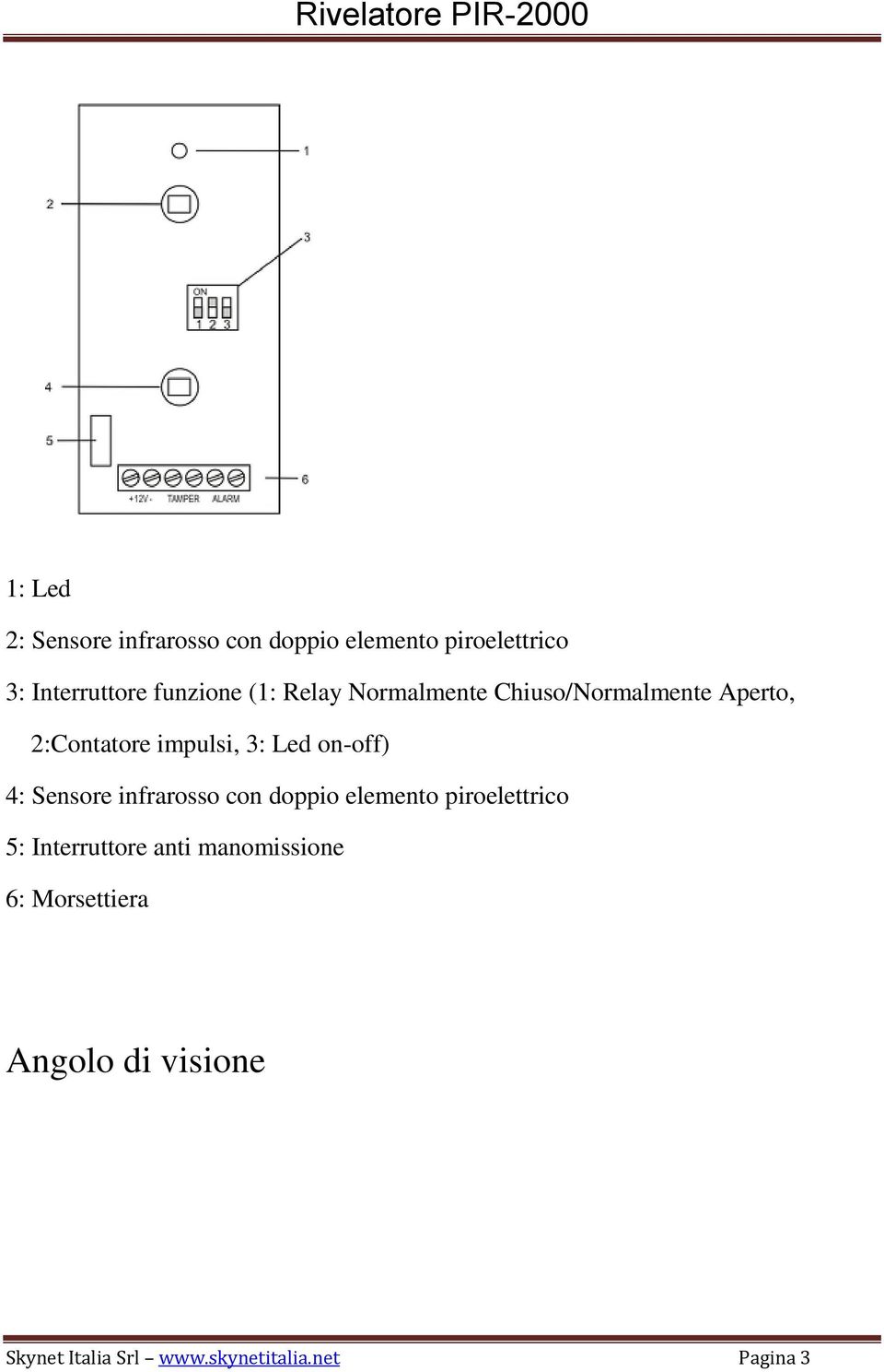 on-off) 4: Sensore infrarosso con doppio elemento piroelettrico 5: Interruttore anti