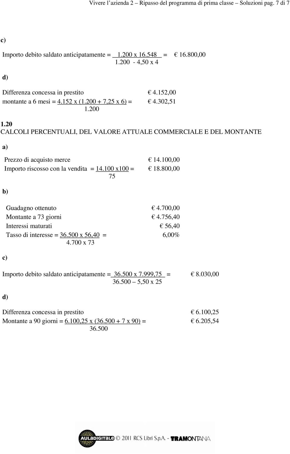 20 CALCOLI PERCENTUALI, DEL VALORE ATTUALE COMMERCIALE E DEL MONTANTE Prezzo di acquisto merce 14.,00 Importo riscosso con la vendita = 14. x = 18.800,00 75 Guadagno ottenuto 4.