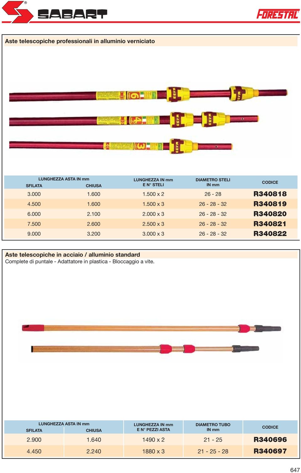 200 3.000 x 3 26-28 - 32 R340822 Aste telescopiche in acciaio / alluminio standard Complete di puntale - Adattatore in plastica - Bloccaggio a vite.