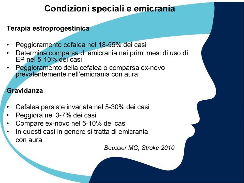 prevalentemente nell emicrania con aura Gravidanza Cefalea persiste invariata nel 5-30% dei casi Peggiora nel 3-7%