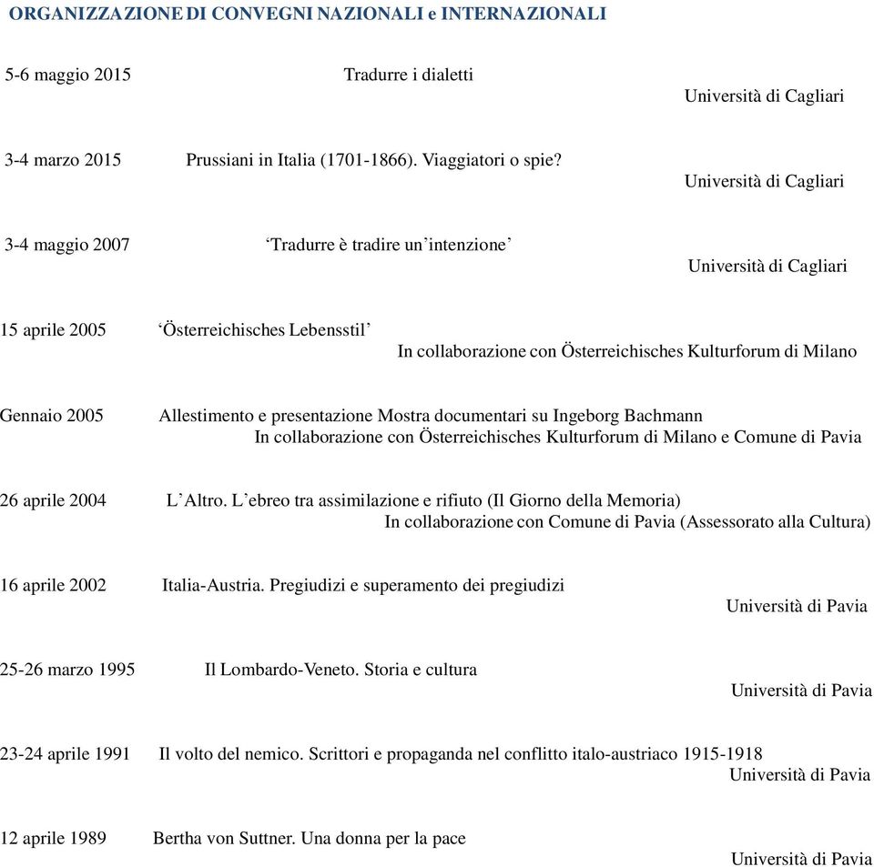 Mostra documentari su Ingeborg Bachmann In collaborazione con Österreichisches Kulturforum di Milano e Comune di Pavia 26 aprile 2004 L Altro.