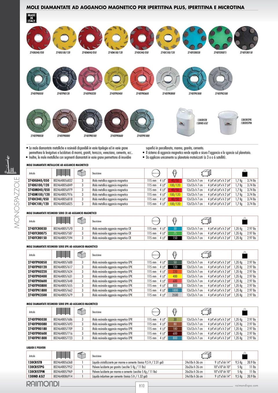 Le mole diamantate metalliche e resinoidi disponibili in varie tipologie ed in varie grane permettono la levigatura e lucidatura di marmi, graniti, terrazzo, veneziana, cemento, ecc.