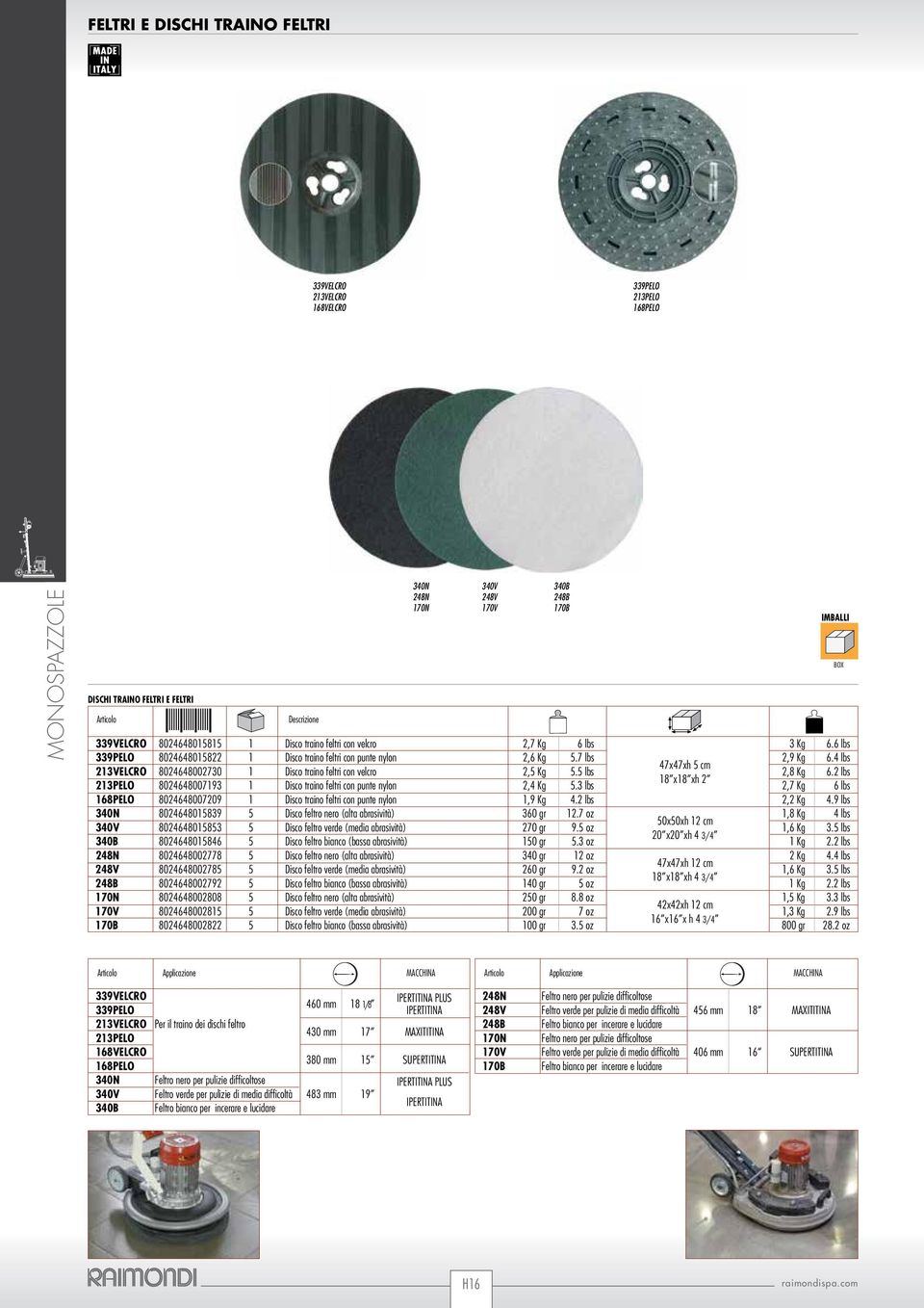 2 lbs 18 x18 xh 2 213PELO 8024648007193 1 Disco traino feltri con punte nylon 2,4 Kg 5.3 lbs 2,7 Kg 6 lbs 168PELO 8024648007209 1 Disco traino feltri con punte nylon 1,9 Kg 4.2 lbs 2,2 Kg 4.