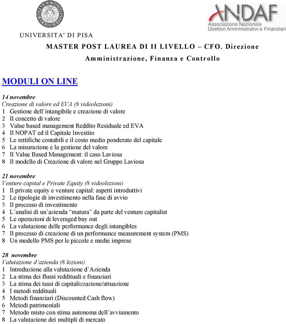 based management Reddito Residuale ed EVA 4 Il NOPAT ed il Capitale Investito 5 Le rettifiche contabili e il costo medio ponderato del capitale 6 La misurazione e la gestione del valore 7 Il Value