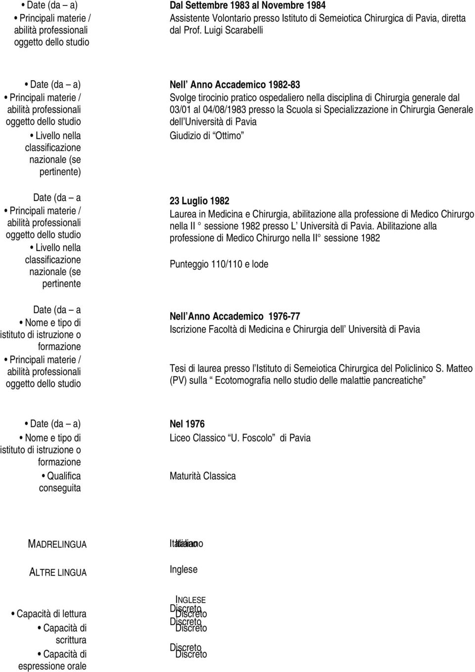 Specializzazione in Chirurgia Generale dell Università di Pavia Giudizio di Ottimo 23 Luglio 1982 Laurea in Medicina e Chirurgia, abilitazione alla professione di Medico Chirurgo nella II sessione