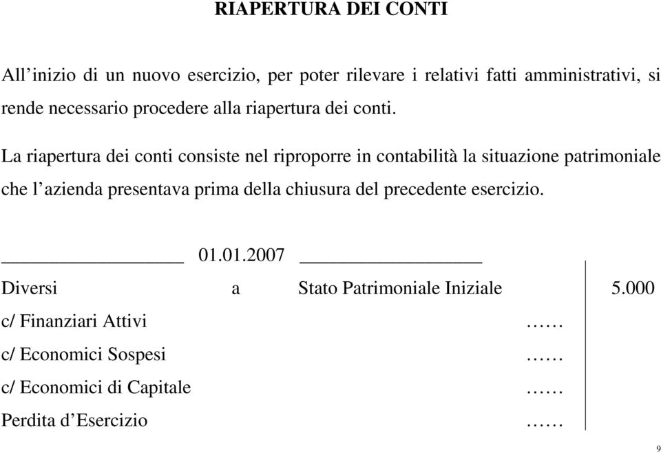 La riapertura dei conti consiste nel riproporre in contabilità la situazione patrimoniale che l azienda presentava