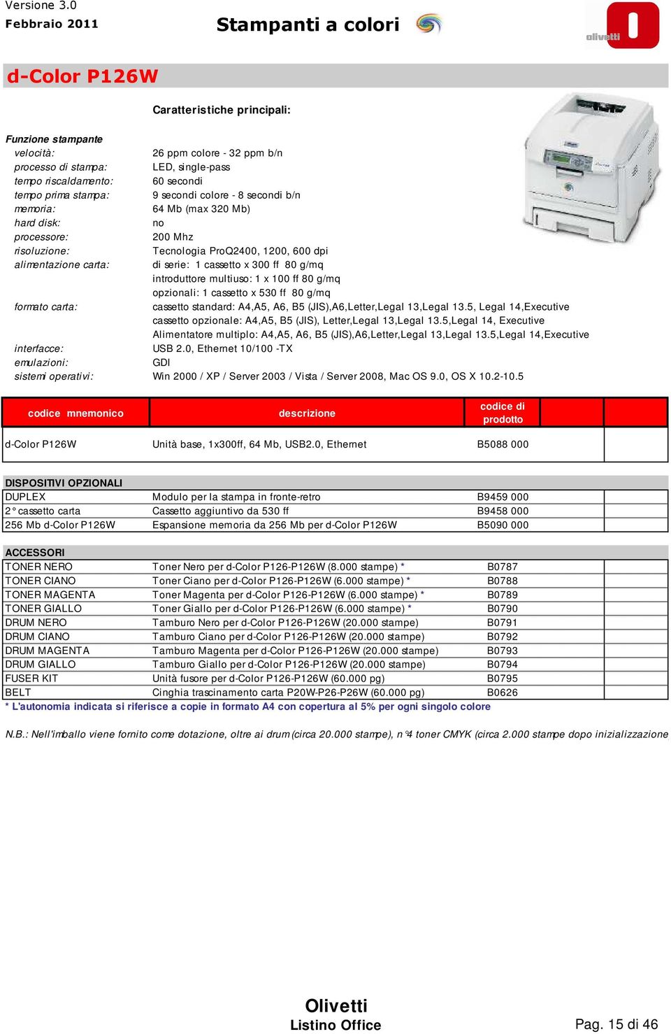 opzionali: 1 cassetto x 530 ff 80 g/mq formato carta: cassetto standard: A4,A5, A6, B5 (JIS),A6,Letter,Legal 13,Legal 13.