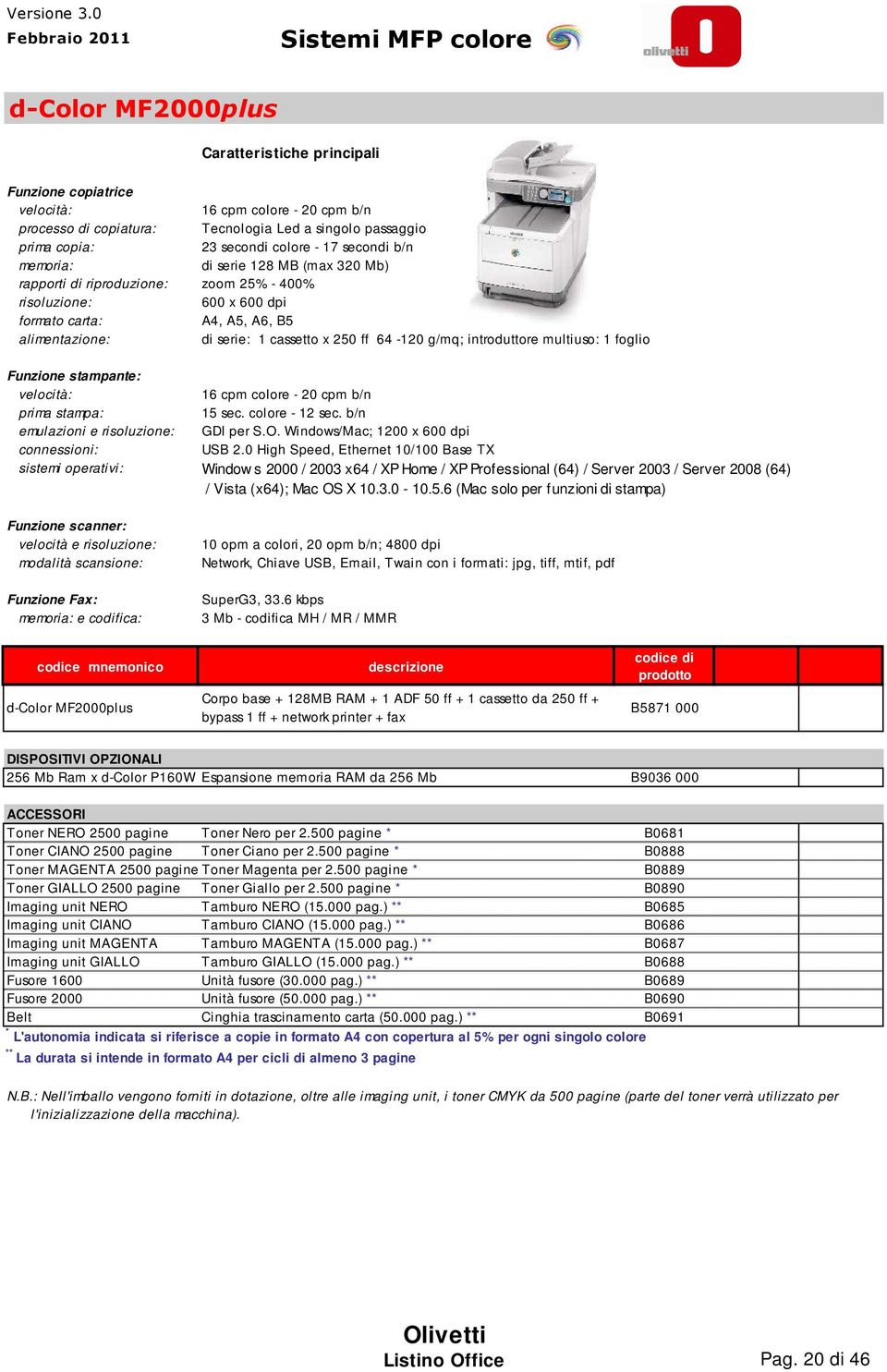 Funzione stampante: 16 cpm colore - 20 cpm b/n prima stampa: 15 sec. colore - 12 sec. b/n emulazioni e GDI per S.O. Windows/Mac; 1200 x 600 dpi connessioni: USB 2.