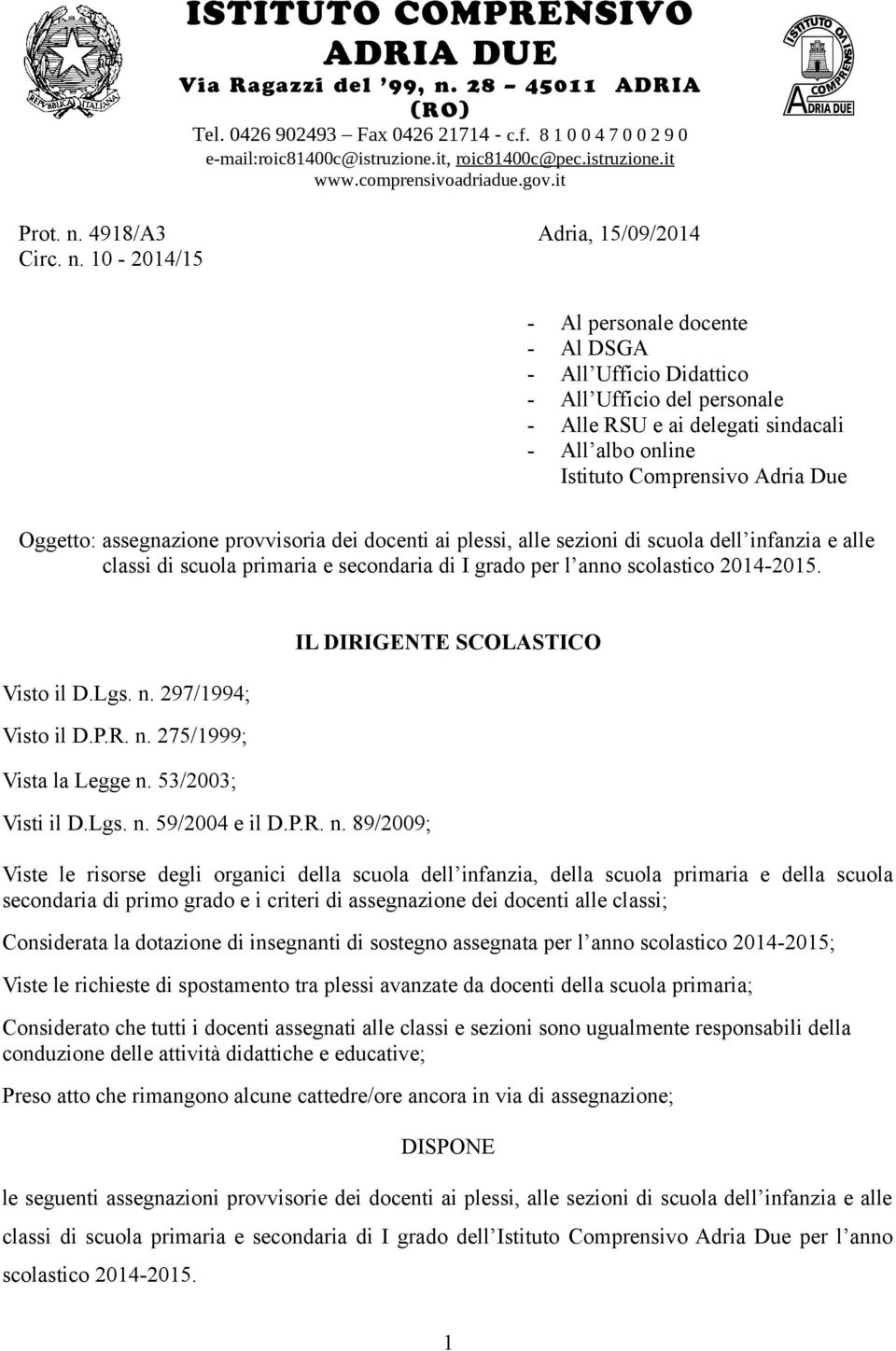 4918/A3 Adria, 15/09/2014 Circ. n.