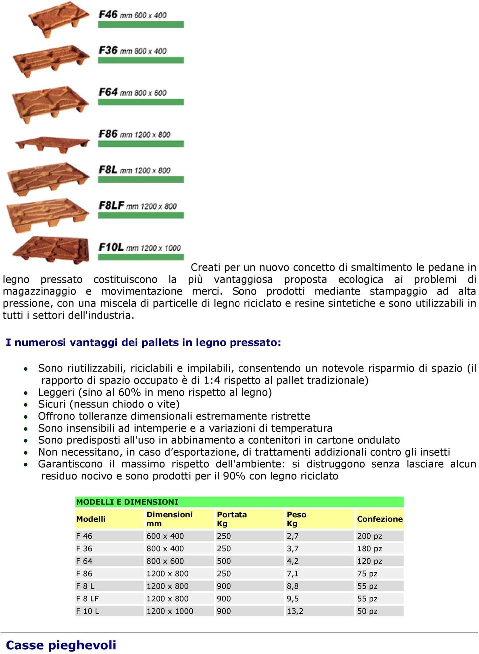 I numerosi vantaggi dei pallets in legno pressato: Sono riutilizzabili, riciclabili e impilabili, consentendo un notevole risparmio di spazio (il rapporto di spazio occupato è di 1:4 rispetto al