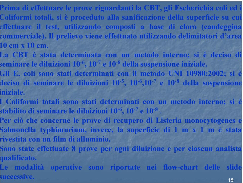 a CBT è stata determinata con un metodo interno; si è deciso di eminare le diluizioni 10-6, 10-7 e 10-8 della sospensione iniziale. li E.