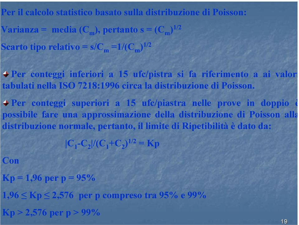 Per conteggi superiori a 15 ufc/piastra nelle prove in doppio è possibile fare una approssimazione della distribuzione di Poisson alla distribuzione