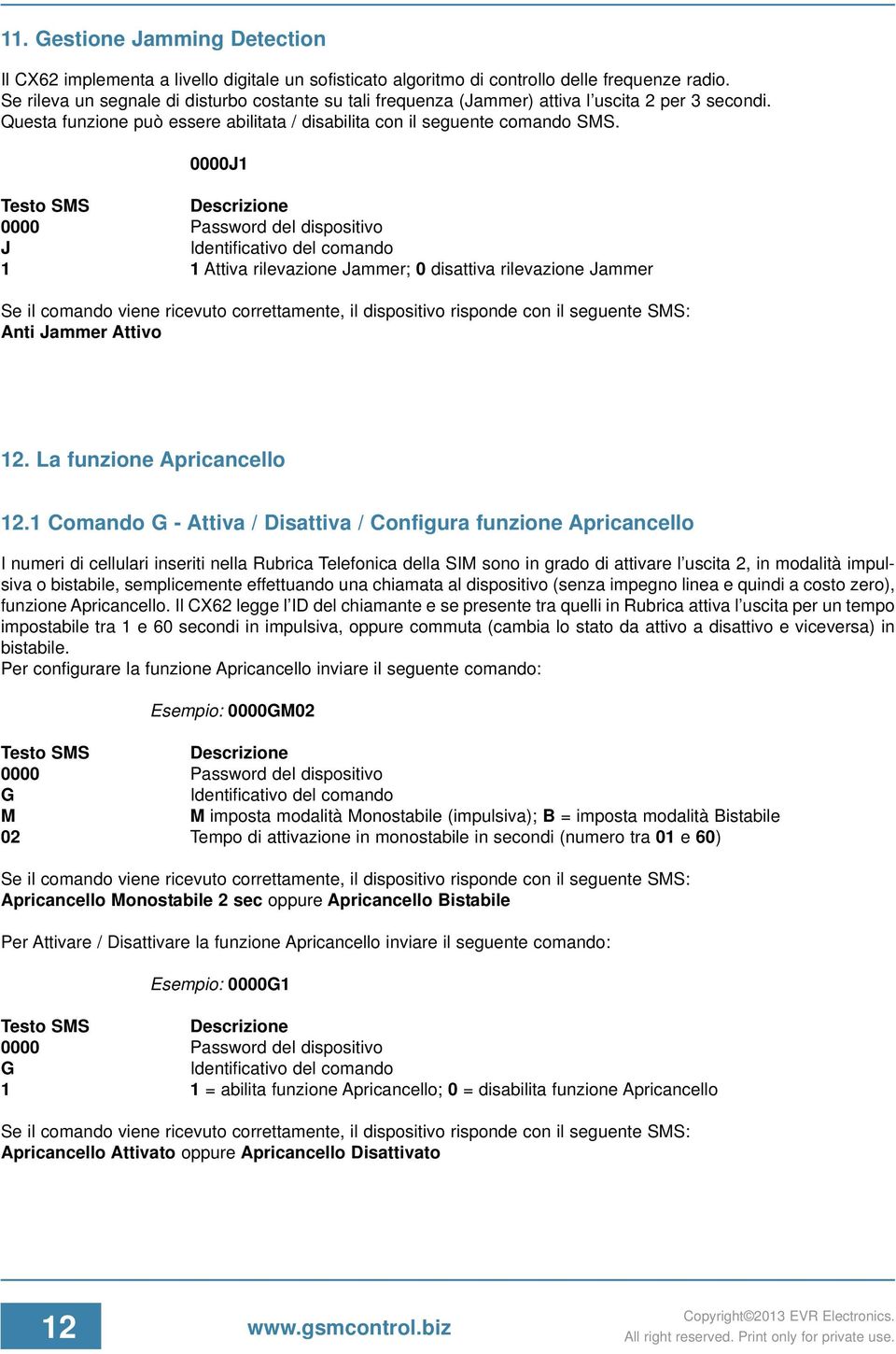 0000J1 J 1 1Attiva rilevazione Jammer; 0 disattiva rilevazione Jammer Anti Jammer Attivo 12. La funzione Apricancello 12.