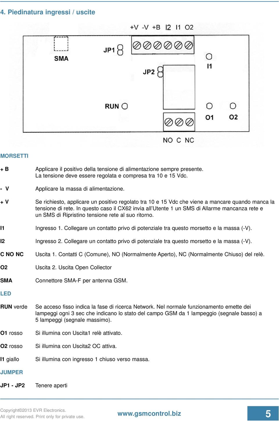 In questo caso il CX62 invia all Utente 1 un SMS di Allarme mancanza rete e un SMS di Ripristino tensione rete al suo ritorno. I1 I2 C NO NC O2 SMA Ingresso 1.