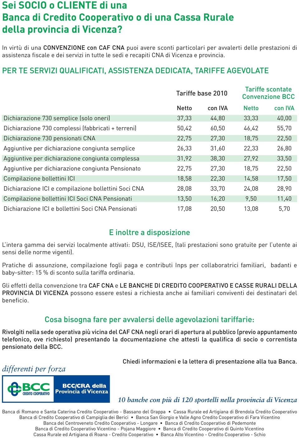 PER TE SERVIZI QUALIFICATI, ASSISTENZA DEDICATA, TARIFFE AGEVOLATE Tariffe base 2010 Tariffe scontate Convenzione BCC Netto con IVA Netto con IVA Dichiarazione 730 semplice (solo oneri) 37,33 44,80