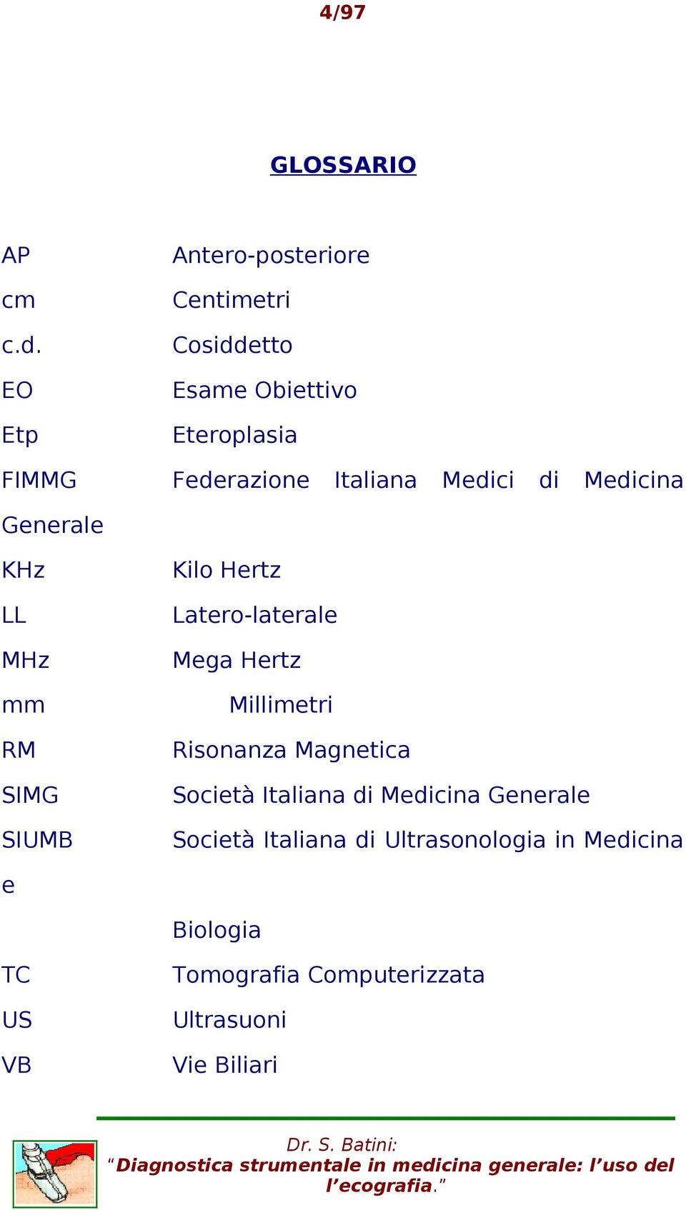 Kilo Hertz LL Latero-laterale MHz Mega Hertz mm Millimetri RM Risonanza Magnetica SIMG Società