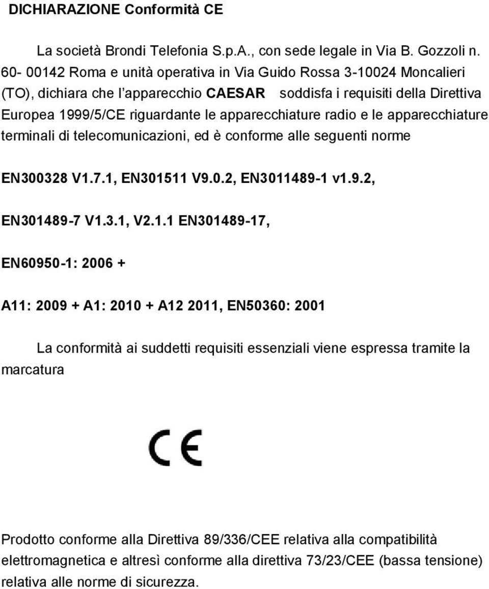 radio e le apparecchiature terminali di telecomunicazioni, ed è conforme alle seguenti norme EN300328 V1.