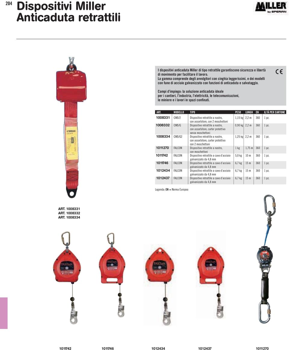 Campi d impiego: la soluzione anticaduta ideale per i cantieri, l industria, l elettricità, le telecomunicazioni, le miniere e i lavori in spazi confinati. ART. MODELLO TIPO PESO LUNGH EN Q.