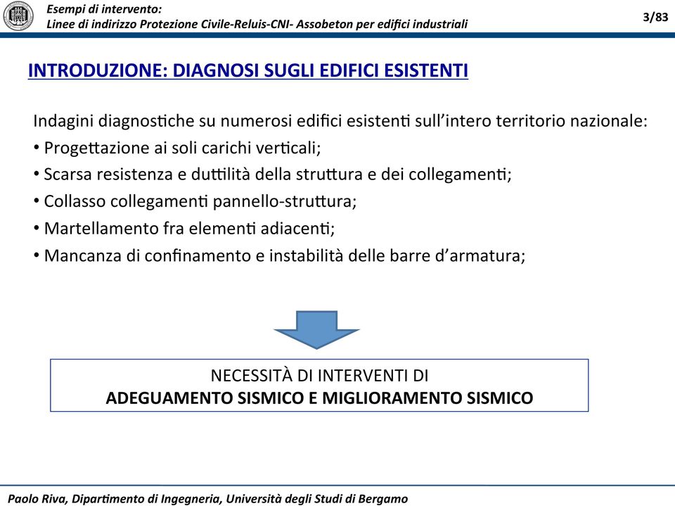 collegamen* pannello- stru8ura; Martellamento fra elemen* adiacen*; Mancanza di confinamento e instabilità delle barre d