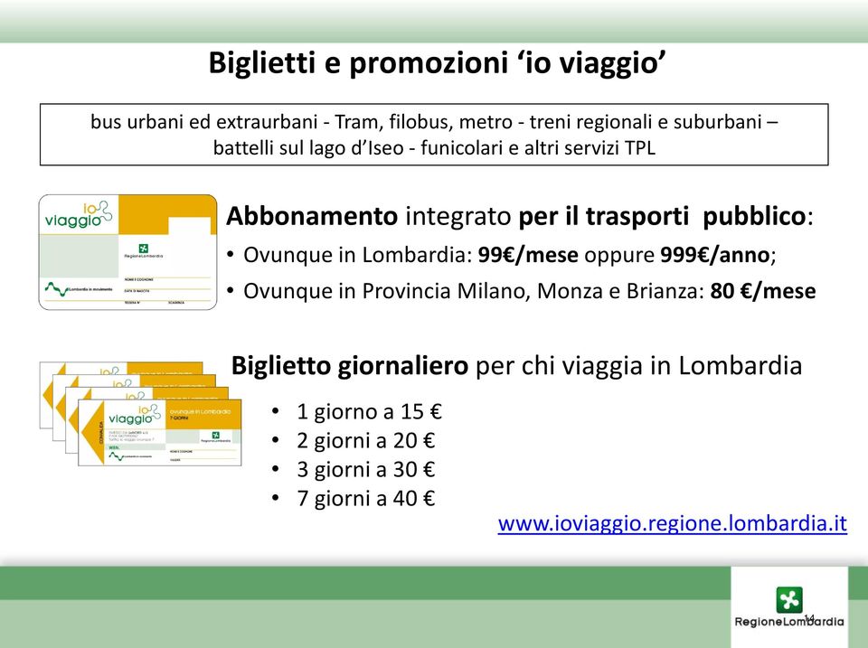 in Lombardia: 99 /mese oppure 999 /anno; Ovunque in Provincia Milano, Monza e Brianza: 80 /mese Biglietto