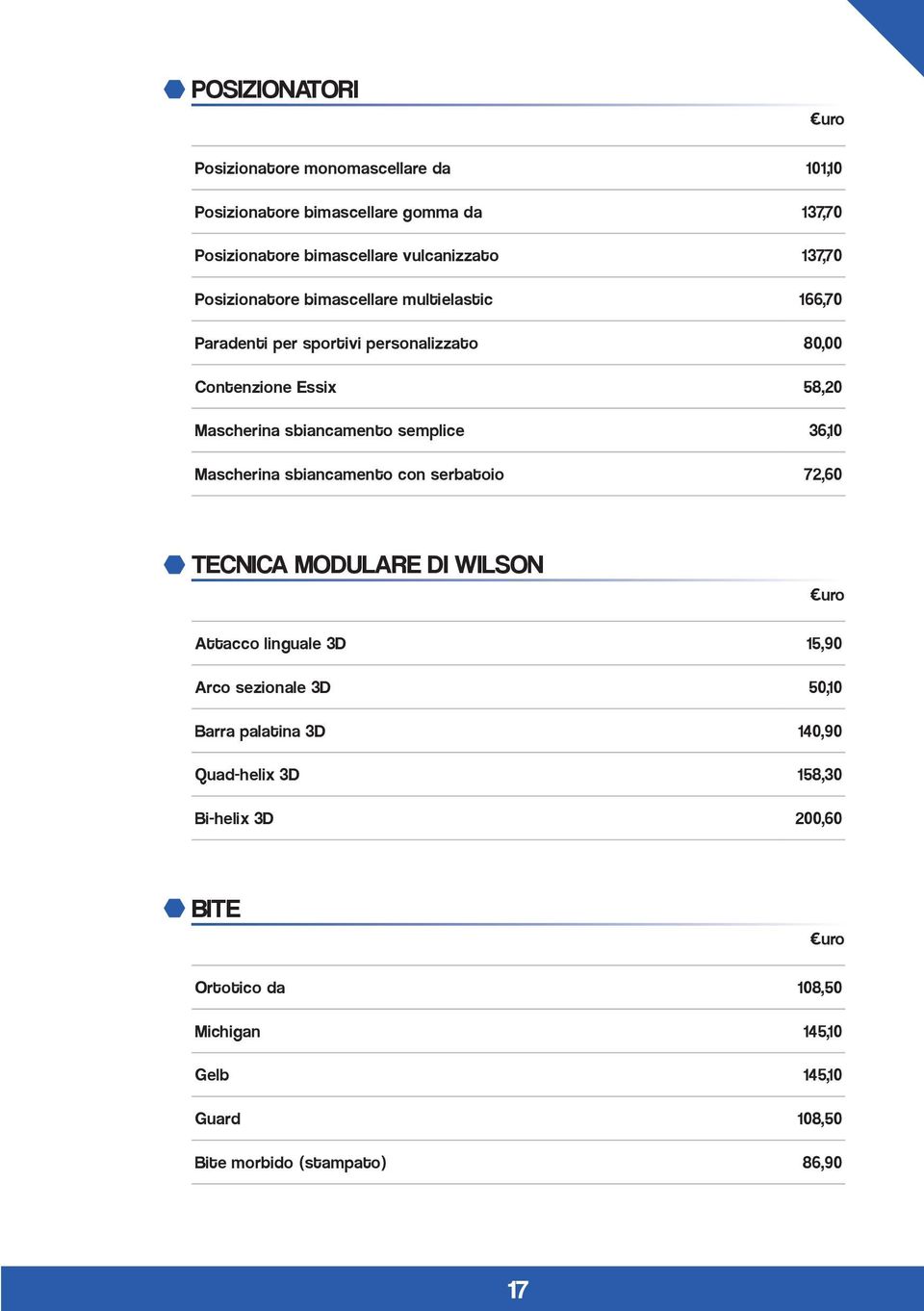 semplice 36,10 Mascherina sbiancamento con serbatoio 72,60 TECNICA MODULARE DI WILSON Attacco linguale 3D 15,90 Arco sezionale 3D 50,10 Barra