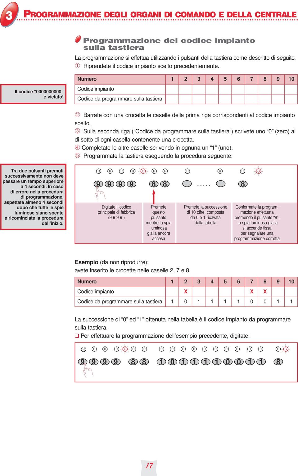 Codice impianto Codice da programmare sulla tastiera ➁ Barrate con una crocetta le caselle della prima riga corrispondenti al codice impianto scelto.