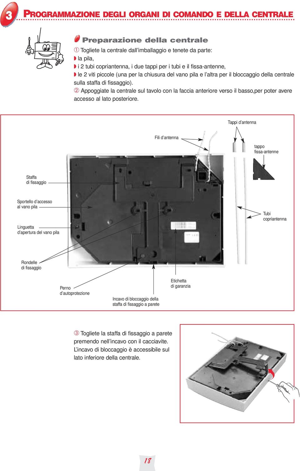 ➁ Appoggiate la centrale sul tavolo con la faccia anteriore verso il basso,per poter avere accesso al lato posteriore.