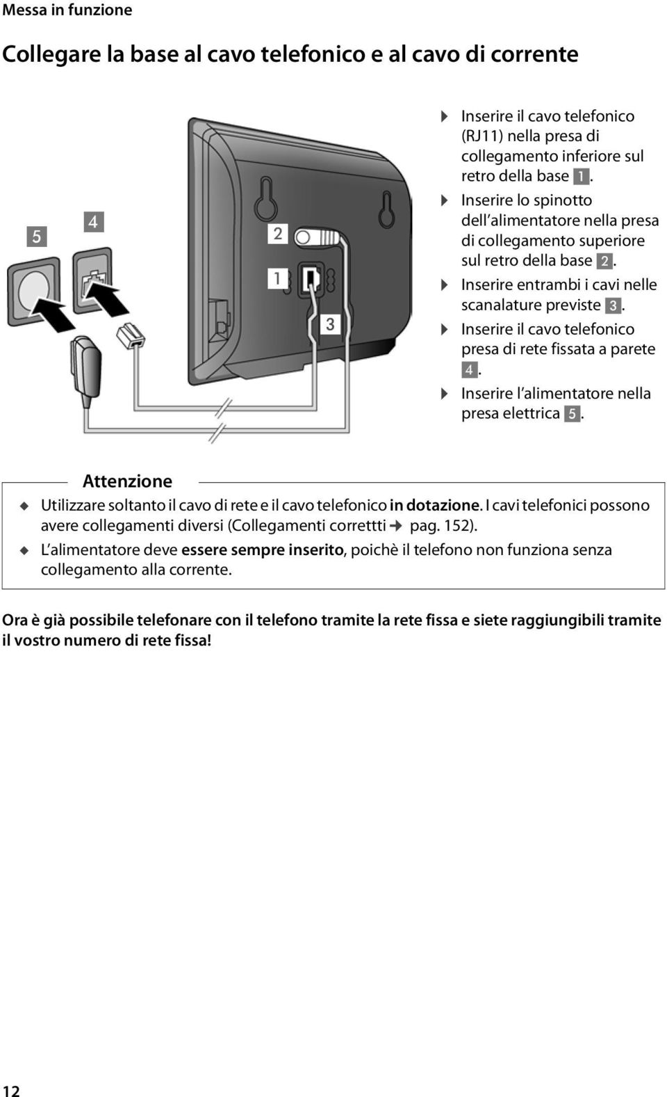 Inserire il cavo telefonico presa di rete fissata a parete 4. Inserire l alimentatore nella presa elettrica 5. Attenzione u Utilizzare soltanto il cavo di rete e il cavo telefonico in dotazione.