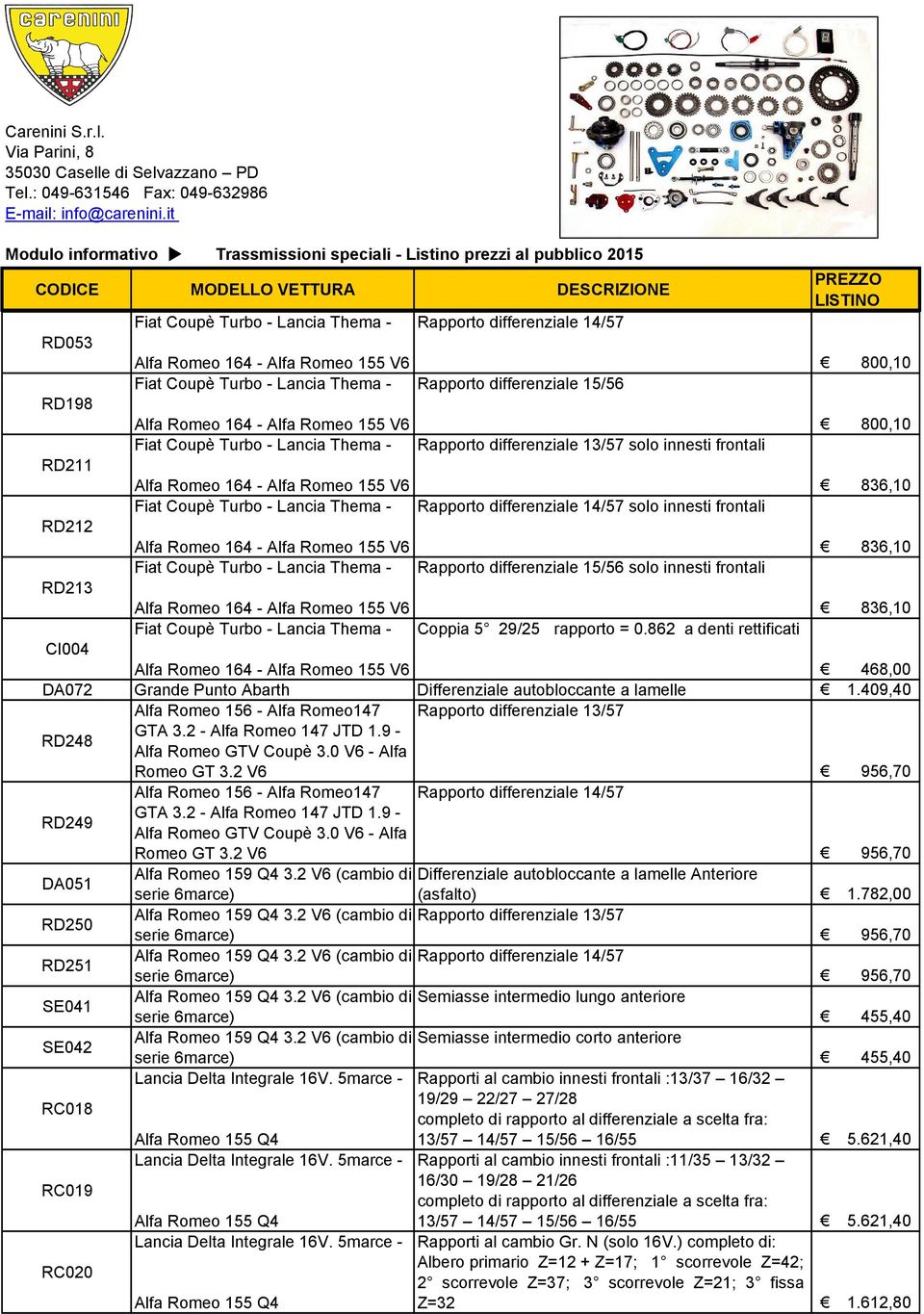 Rapporto differenziale 14/57 solo innesti frontali RD212 Alfa Romeo 164 - Alfa Romeo 155 V6 836,10 Fiat Coupè Turbo - Lancia Thema - Rapporto differenziale 15/56 solo innesti frontali RD213 Alfa