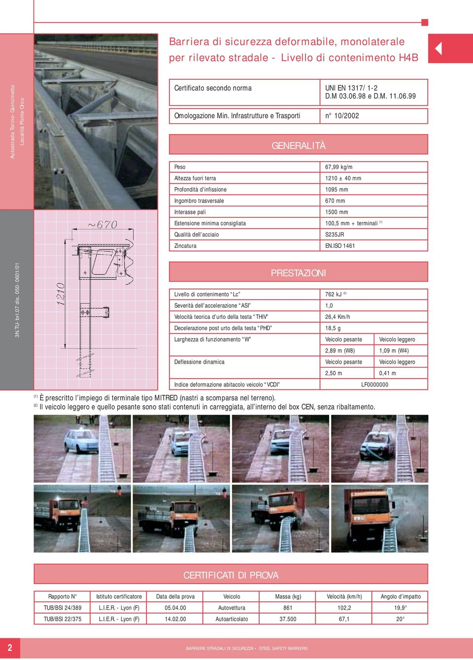 Infrastrutture e Trasporti n 10/2002 GENERALITÀ Peso Altezza fuori terra Profondità d infissione Ingombro trasversale Interasse pali 7,99 kg/m 1210 ± 40 mm 1095 mm 70 mm 1500 mm Estensione minima