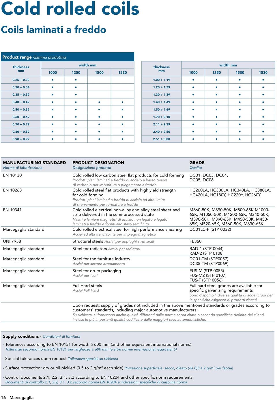 00 MANUFACTURING STANDARD Norma di fabbricazione EN 10130 EN 10268 EN 10341 Marcegaglia standard PRODUCT DESIGNATION Designazione prodotto Cold rolled low carbon steel flat products for cold forming