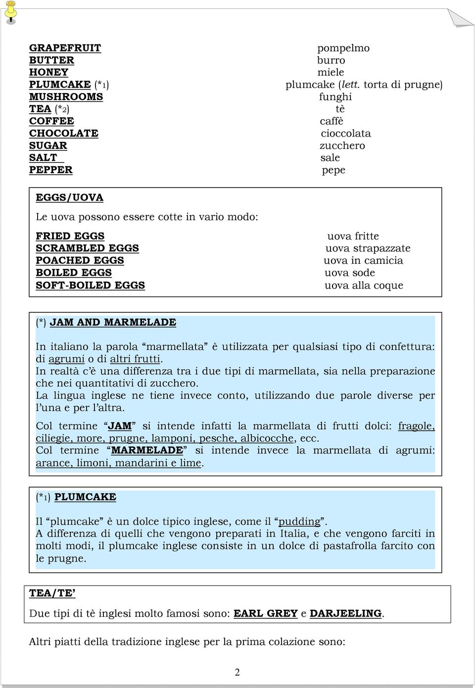 uova strapazzate uova in camicia uova sode uova alla coque (*) JAM AND MARMELADE In italiano la parola marmellata è utilizzata per qualsiasi tipo di confettura: di agrumi o di altri frutti.