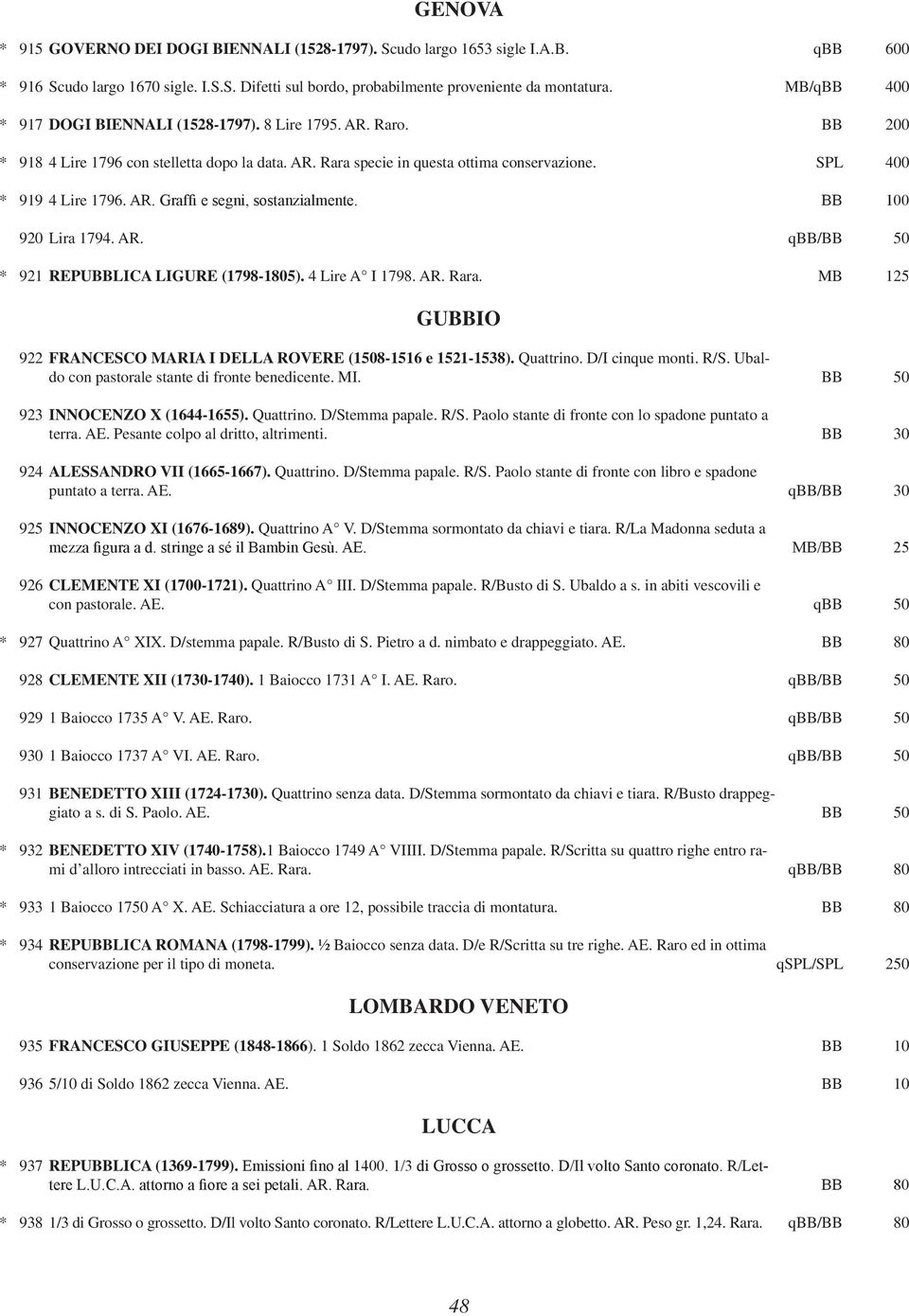 BB 100 920 Lira 1794. AR. qbb/bb 50 * 921 REPUBBLICA LIGURE (1798-1805). 4 Lire A I 1798. AR. Rara. MB 125 GUBBIO 922 FRANCESCO MARIA I DELLA ROVERE (1508-1516 e 1521-1538). Quattrino.