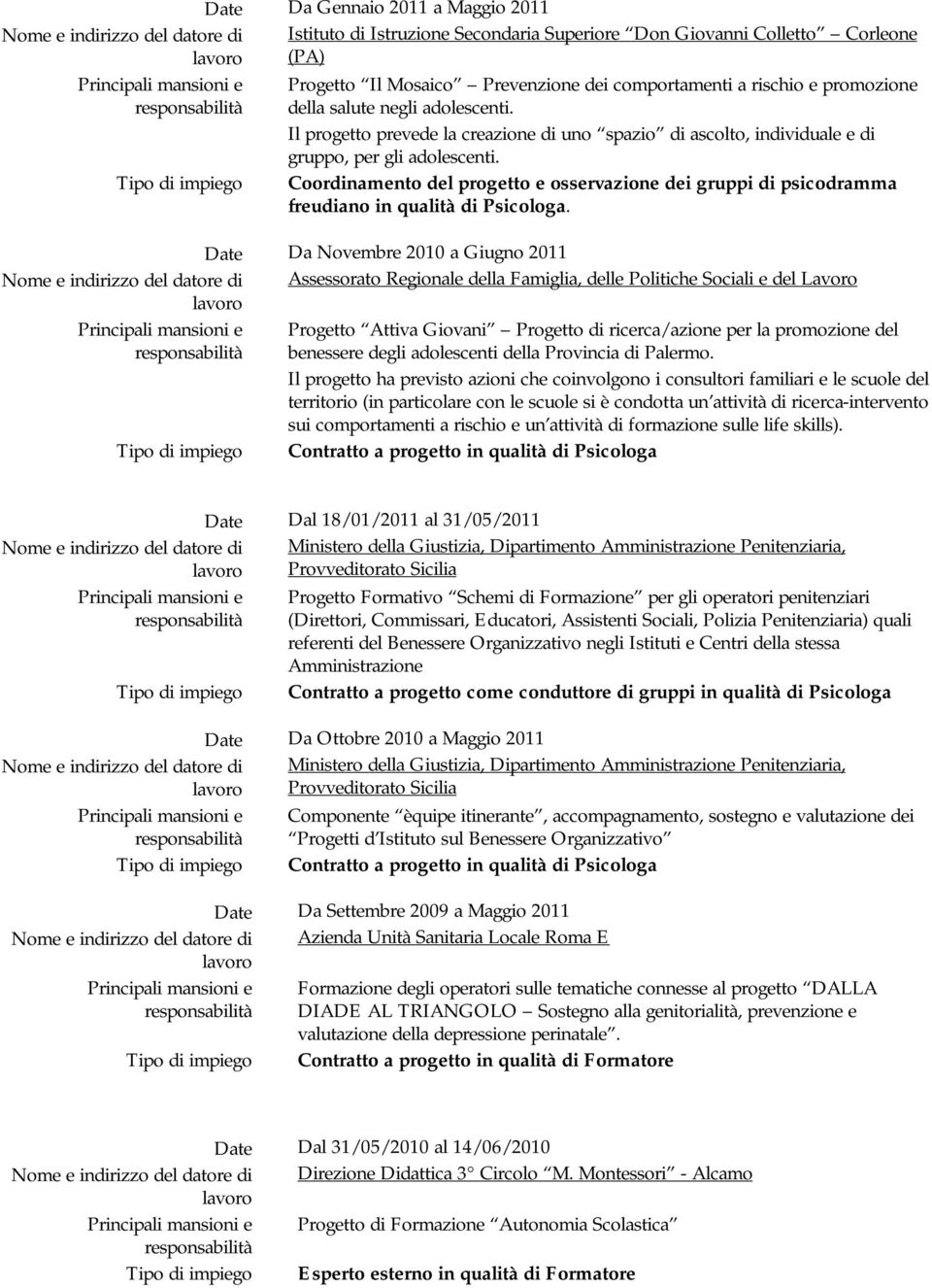 Coordinamento del progetto e osservazione dei gruppi di psicodramma freudiano in qualità di Psicologa.