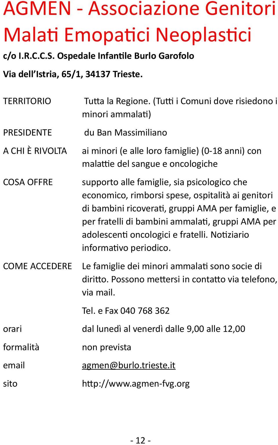 economico, rimborsi spese, ospitalità ai genitori di bambini ricoverati, gruppi AMA per famiglie, e per fratelli di bambini ammalati, gruppi AMA per adolescenti oncologici e fratelli.