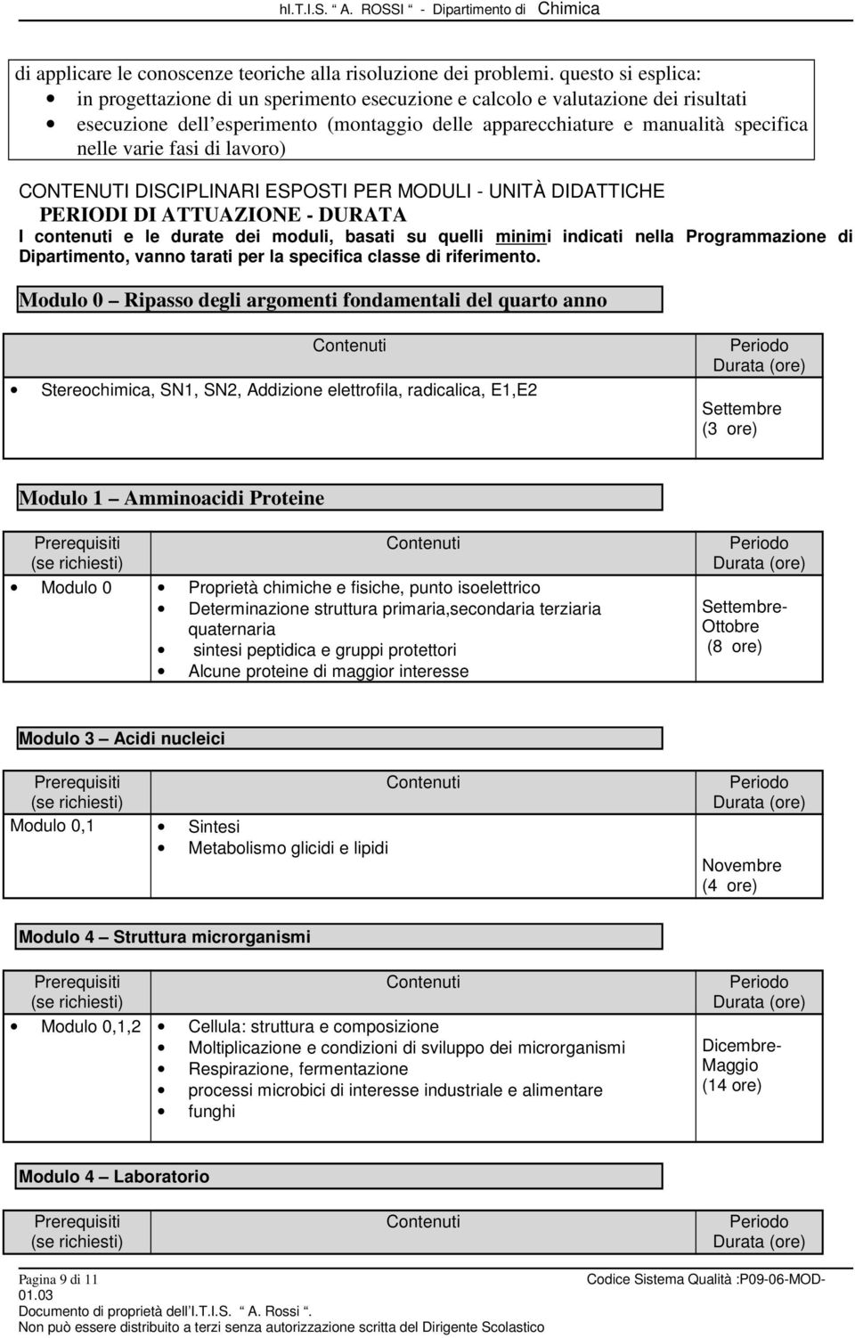 fasi di lavoro) CONTENUTI DISCIPLINARI ESPOSTI PER MODULI - UNITÀ DIDATTICHE PERIODI DI ATTUAZIONE - DURATA I contenuti e le durate dei moduli, basati su quelli minimi indicati nella Programmazione