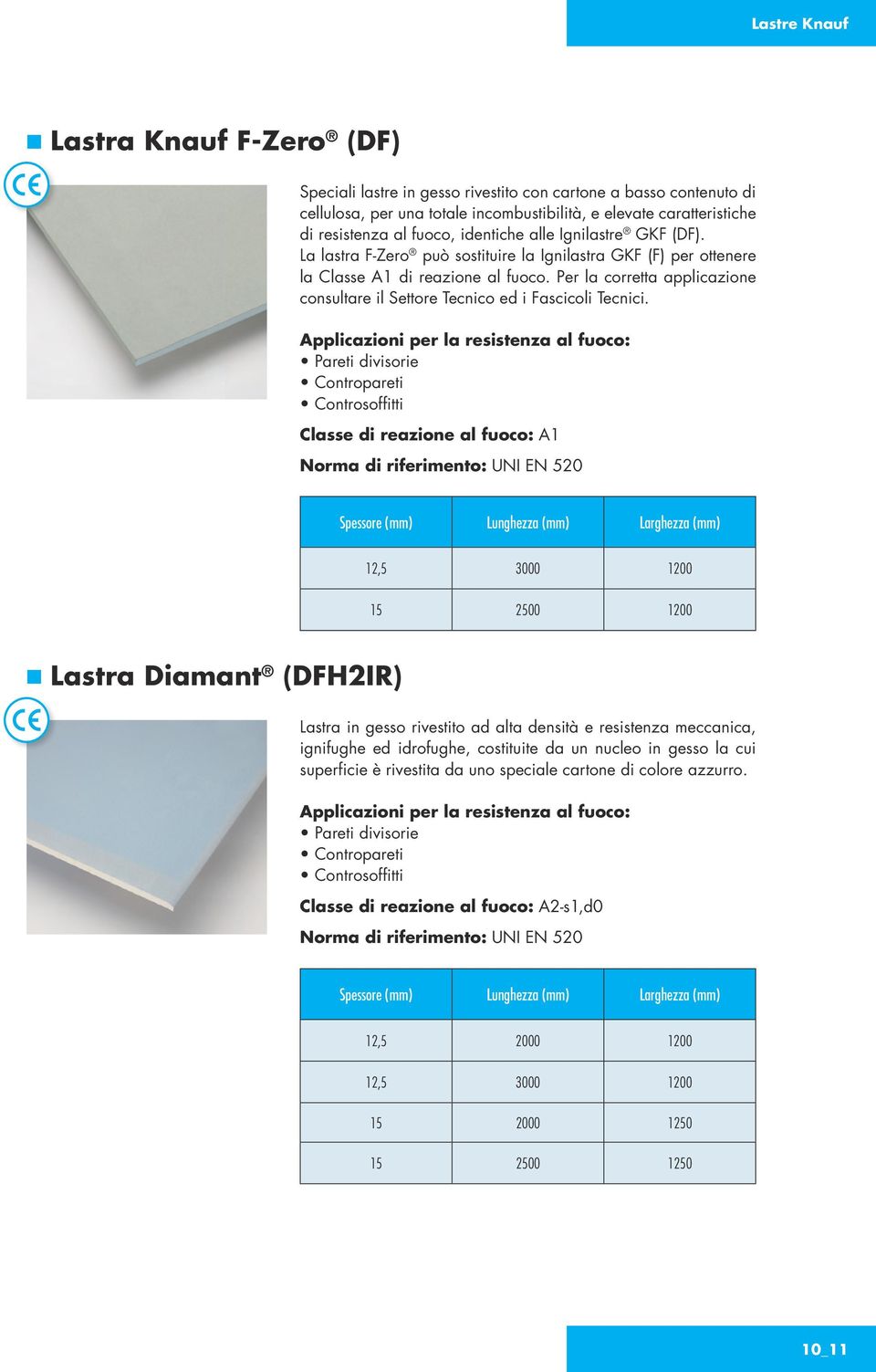 Applicazioni per la resistenza : Pareti divisorie Contropareti Controsoffitti Classe di reazione : A1 Norma di riferimento: UNI EN 520 Spessore Lunghezza Larghezza 00 1200 00 1200 Lastra Diamant